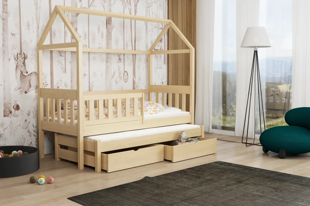 Dřevěná postel DOMEK 01 RE s přistýlkou 80x200 cm s úložným prostorem borovice masiv - více odstínů