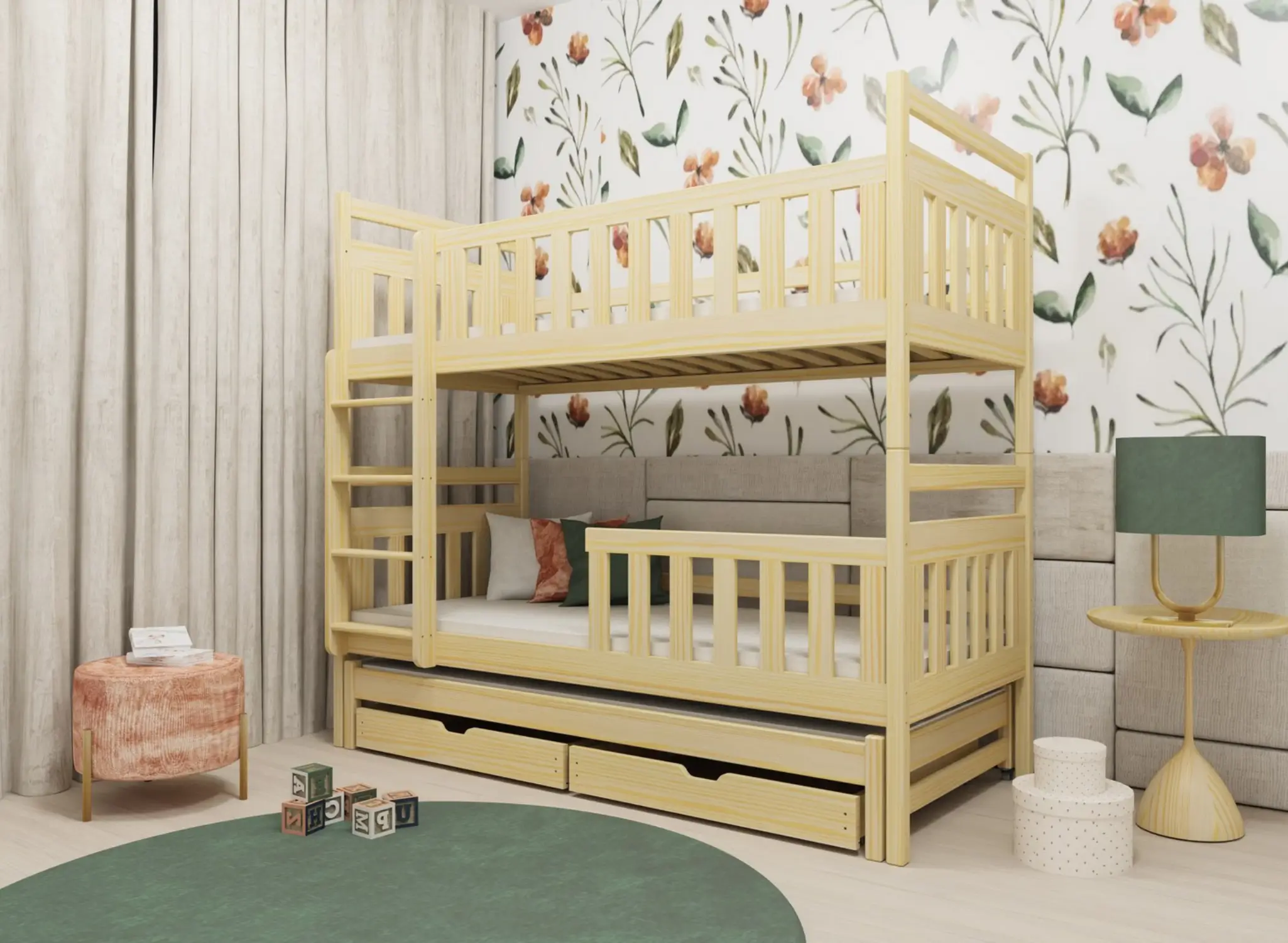 Patrová postel pro 3 osoby Klára 90x200 cm s přistýlkou a úložným prostorem - více odstínů