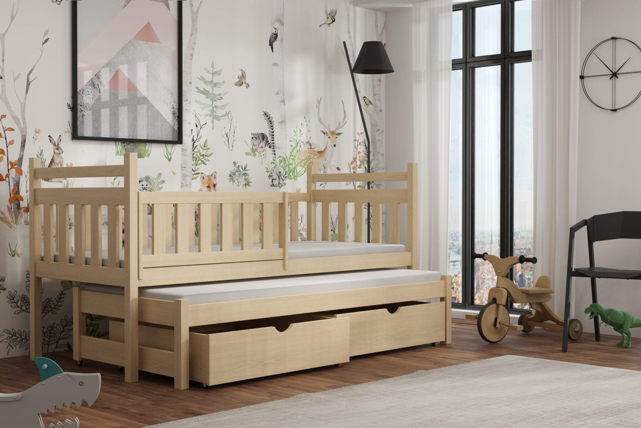 Postel s výsuvnou přistýlkou PUCHA 04 90x200 cm borovice masiv s úložným prostorem
