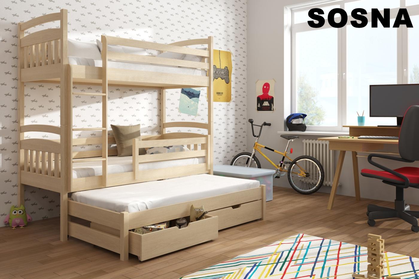 Patrová postel pro 3 osoby ALAN 90x200 cm s přistýlkou a úložným prostorem- více odstínů