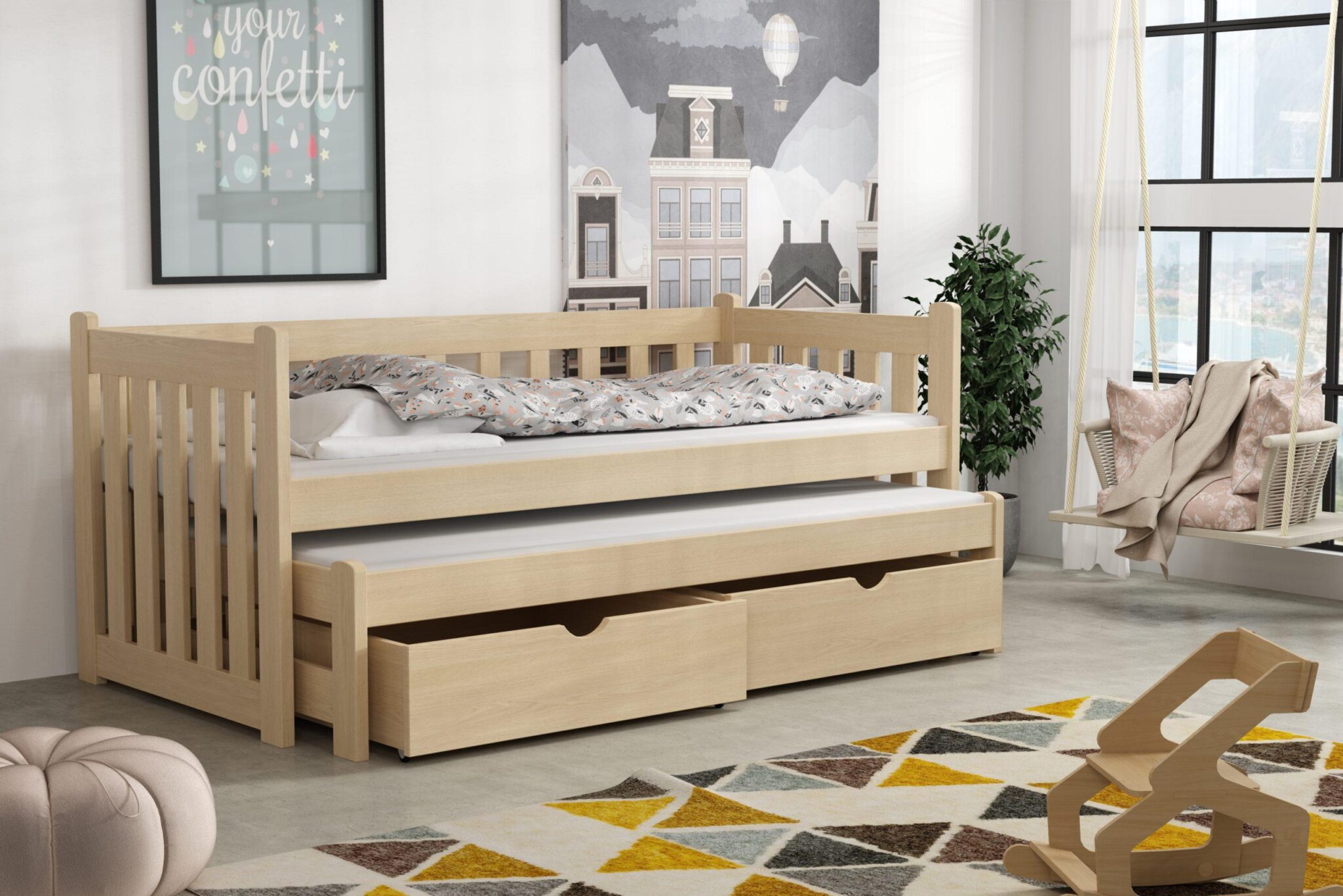 Postel s výsuvnou přistýlkou KRZY 02 80x200 cm borovice masiv s úložným prostorem