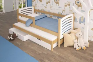 Postel s výsuvnou přistýlkou OLI 75x180 cm borovice masiv s úložným prostorem a matracemi