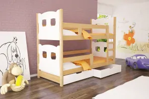 Patrová postel OLI 2 75x180 cm borovice masiv se zábranou s úložným prostorem a s matracemi