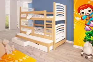 Patrová postel OLI s výsuvnou přistýlkou 90x200 cm borovice masiv s úložným prostorem a s matracemi