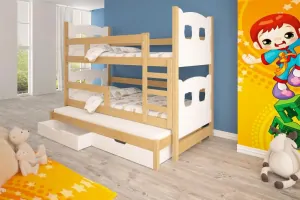 Patrová postel OLI 2 s výsuvnou přistýlkou 90x200 cm borovice masiv s úložným prostorem a s matracemi