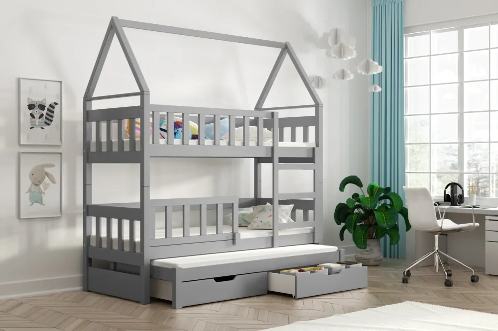 Patrová postel DOMEK s výsuvnou přistýlkou 75x180 cm borovice masiv se zábranou s úložným prostorem a s matracemi