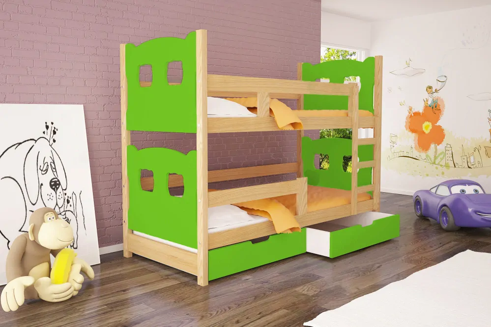 Patrová postel OLI 2 75x180 cm borovice masiv se zábranou s úložným prostorem a s matracemi