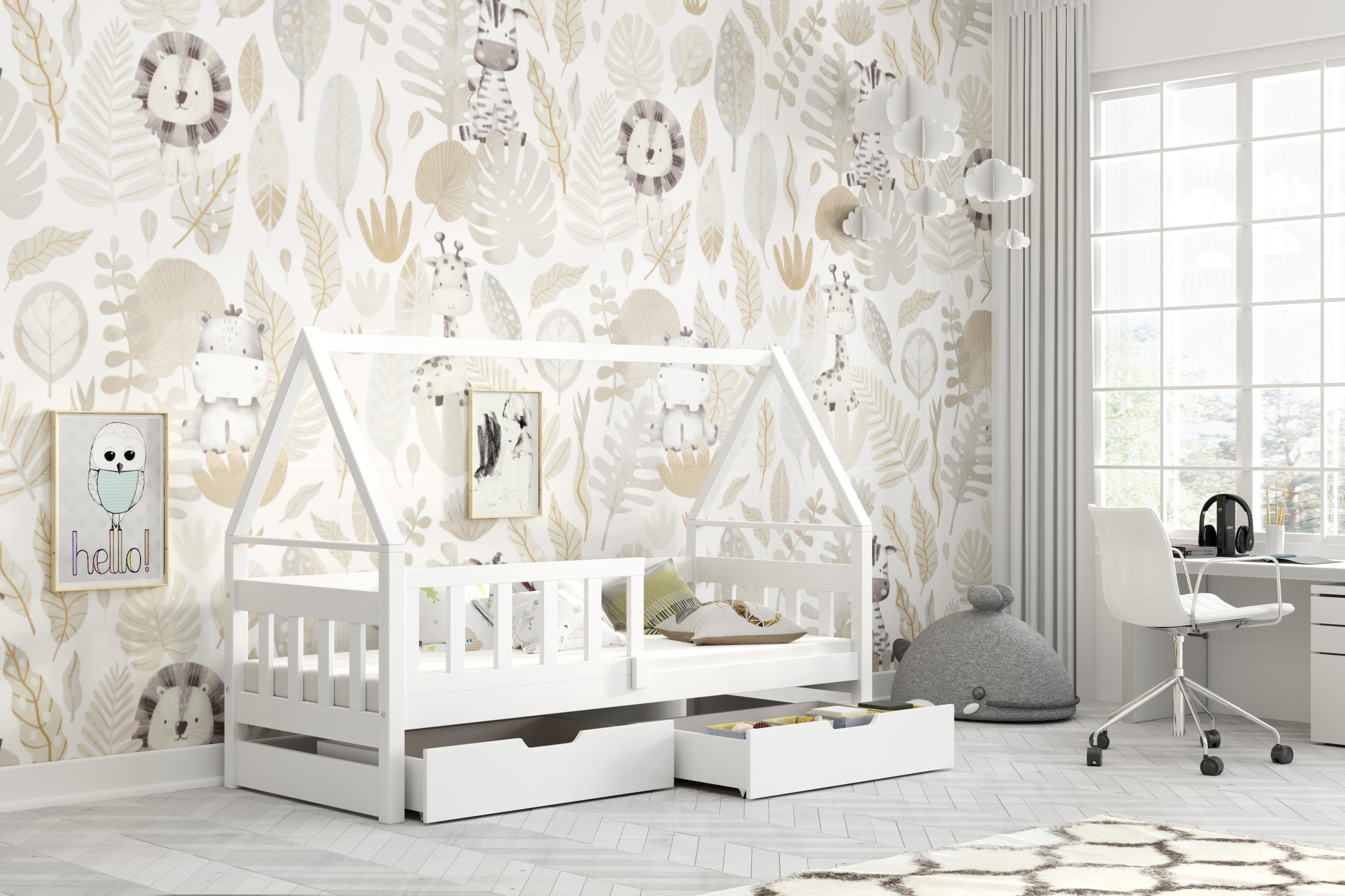 Dřevěná postel DOMEK 75x180 cm bez zábrany borovice masiv s úložným prostorem a s matrací