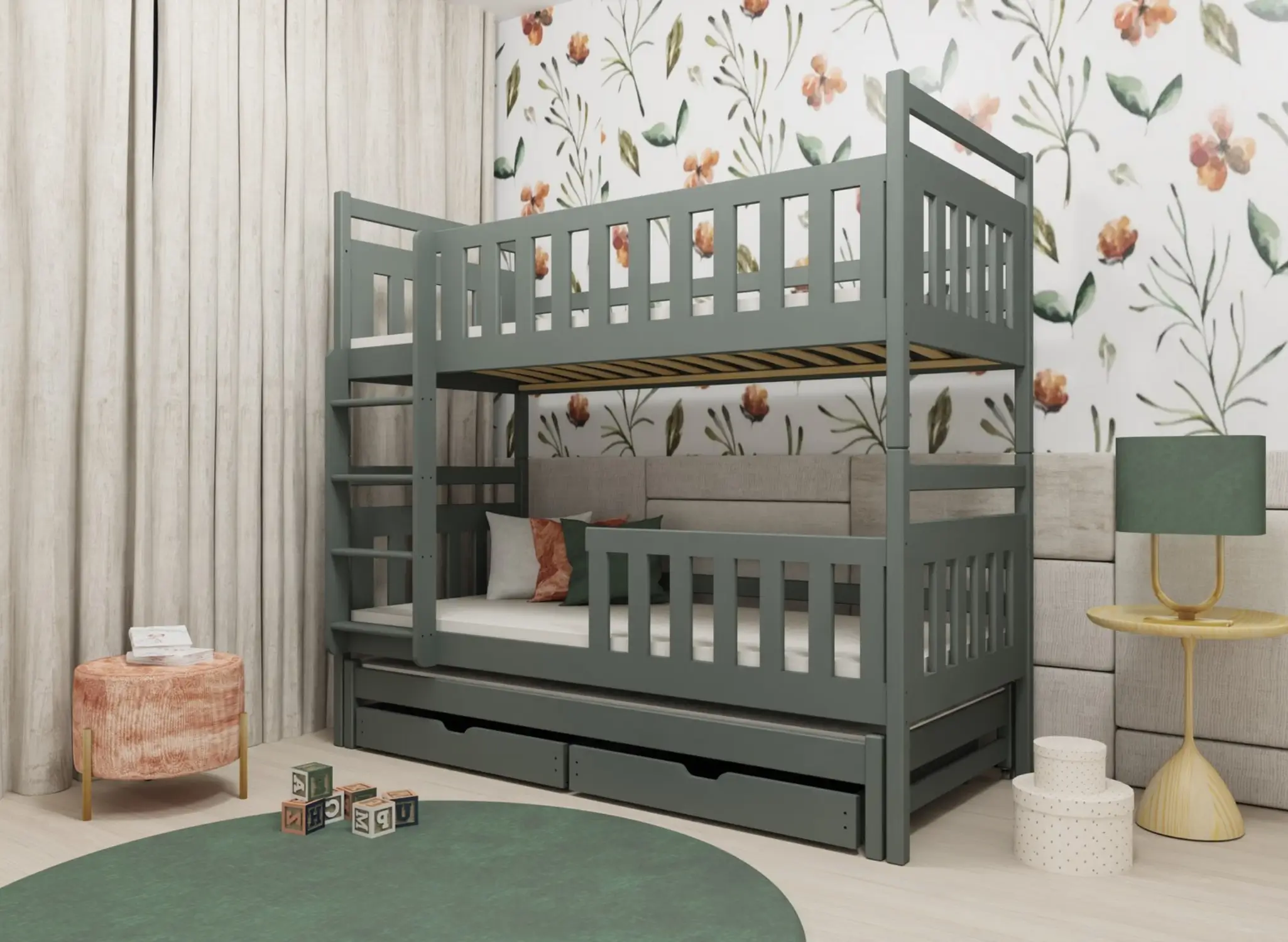 Patrová postel pro 3 osoby Klára 90x200 cm s přistýlkou a úložným prostorem - více odstínů