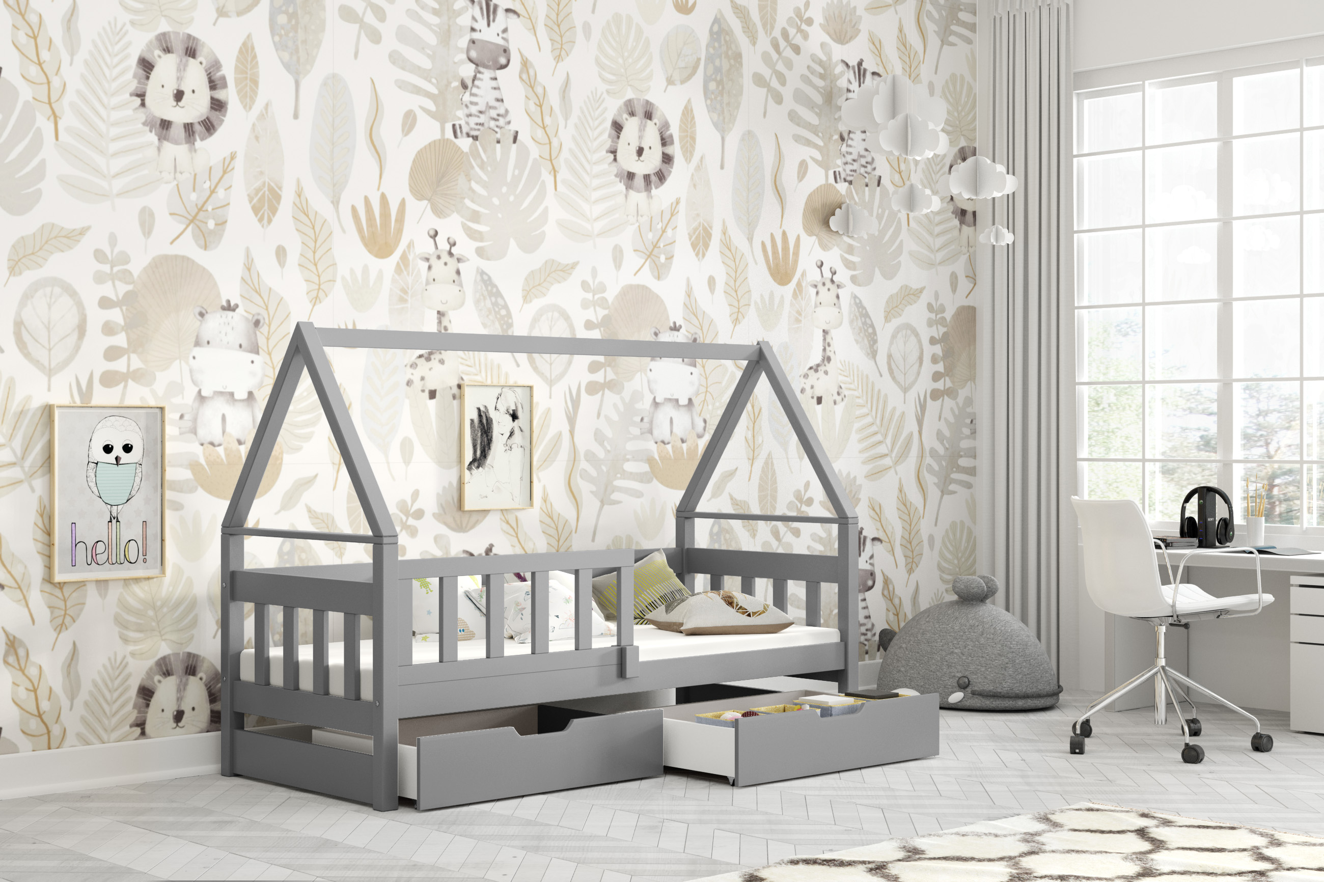 Dřevěná postel DOMEK 75x180 cm bez zábrany borovice masiv s úložným prostorem a s matrací