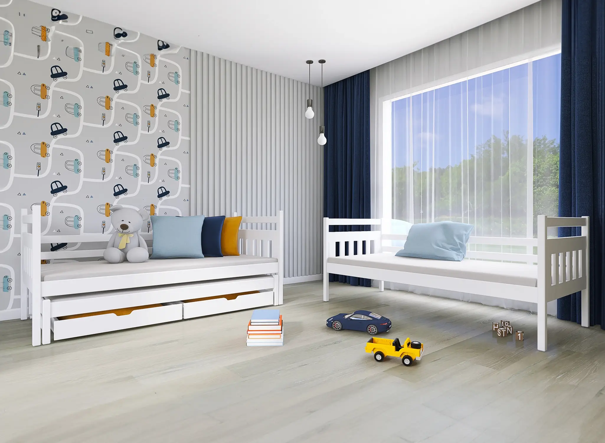 Patrová postel pro 3 osoby SEWERYN 90x200 cm s přistýlkou a úložným prostorem 