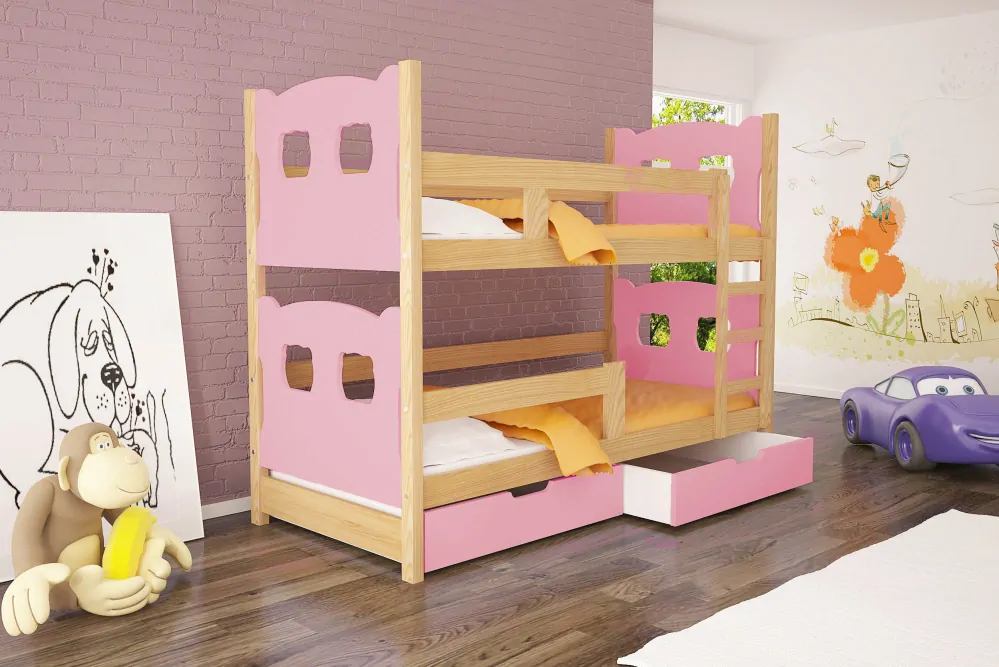 Patrová postel OLI 2 75x180 cm borovice masiv se zábranou s úložným prostorem a s matracemi