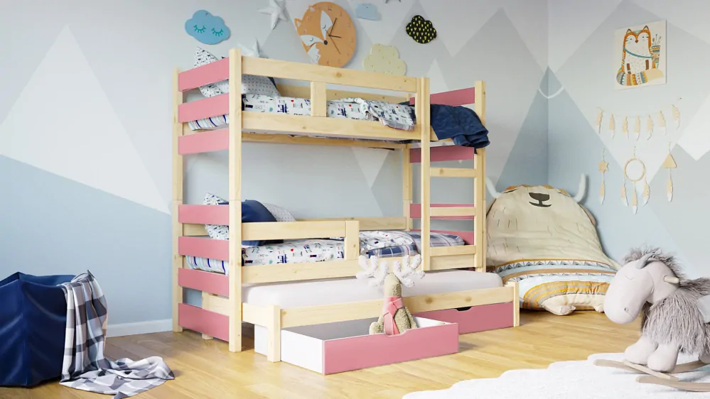 Patrová postel KAROL s výsuvnou přistýlkou 75x180 cm borovice masiv s úložným prostorem a s matracemi