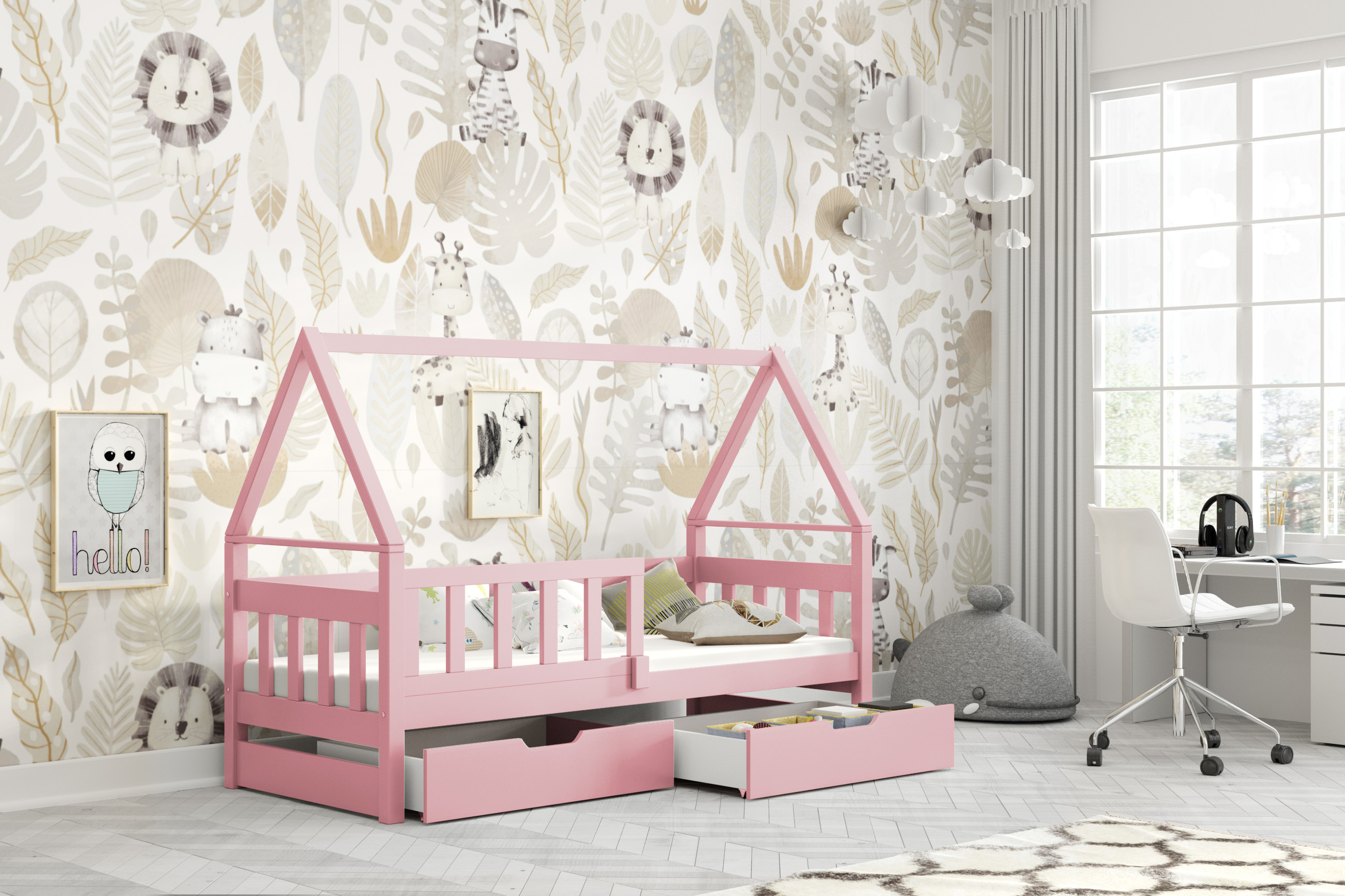 Dřevěná postel DOMEK 75x180 cm bez zábrany borovice masiv s úložným prostorem a s matrací