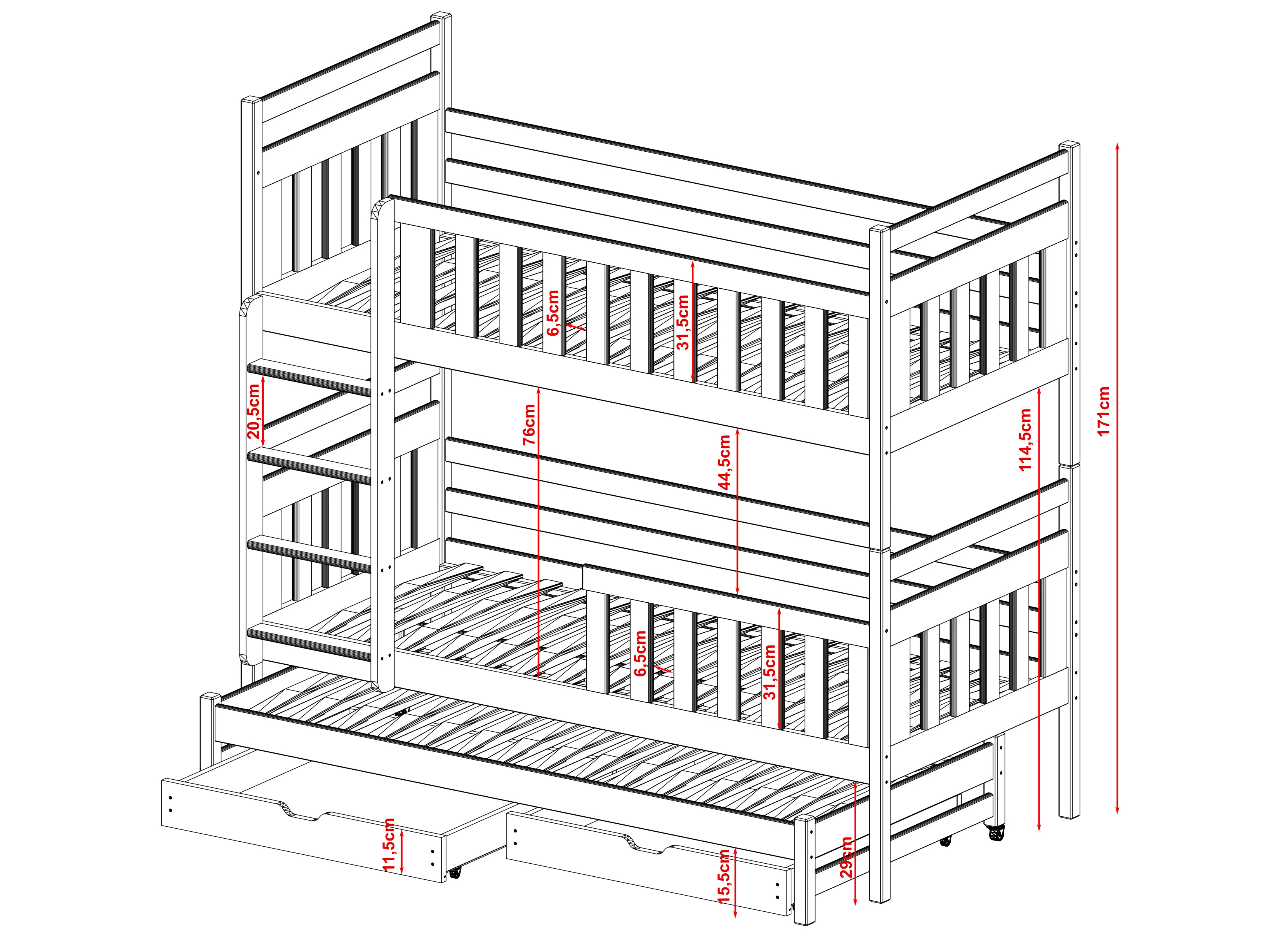 Patrová postel Klára 80x200  cm s přistýlkou a úložným prostorem - více odstínů