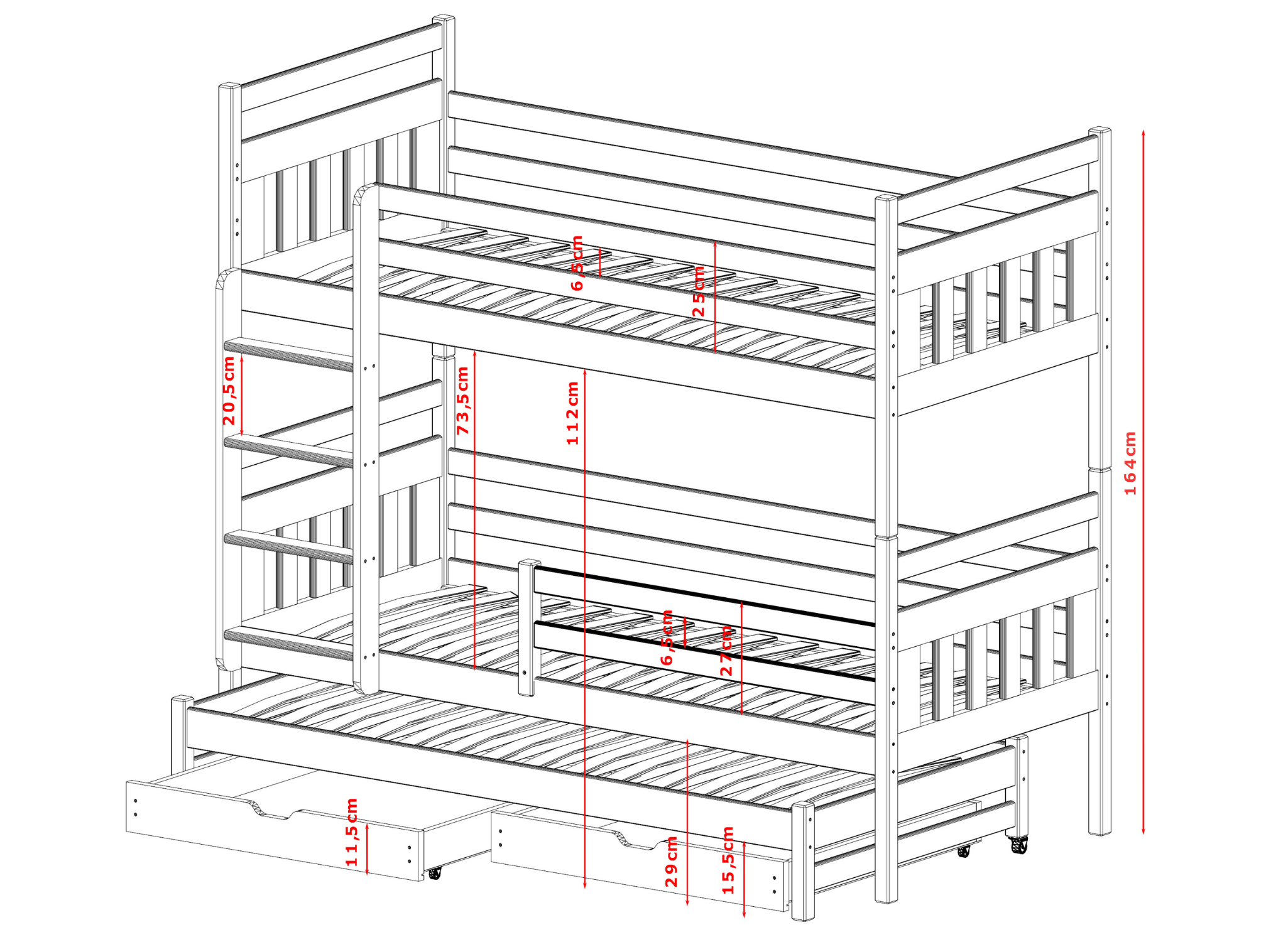 Patrová postel pro 3 osoby SEWERYN 90x200 cm s přistýlkou a úložným prostorem 