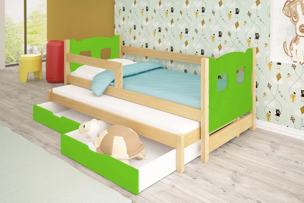 Postel s výsuvnou přistýlkou OLI 2 90x200 cm borovice masiv s úložným prostorem a matracemi