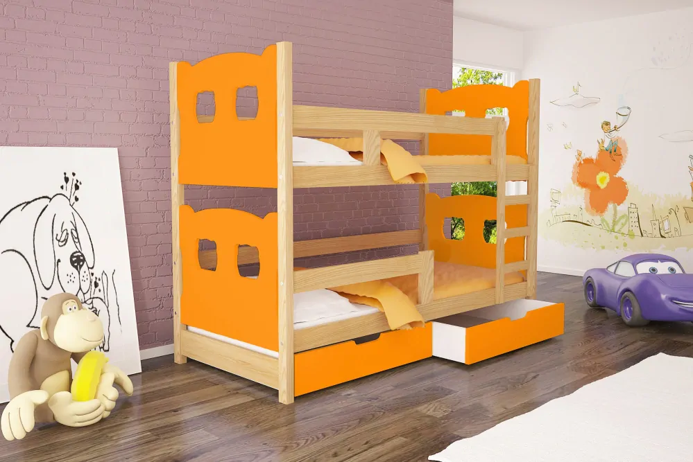 Patrová postel OLI 2 75x180 cm borovice masiv se zábranou s úložným prostorem a s matracemi