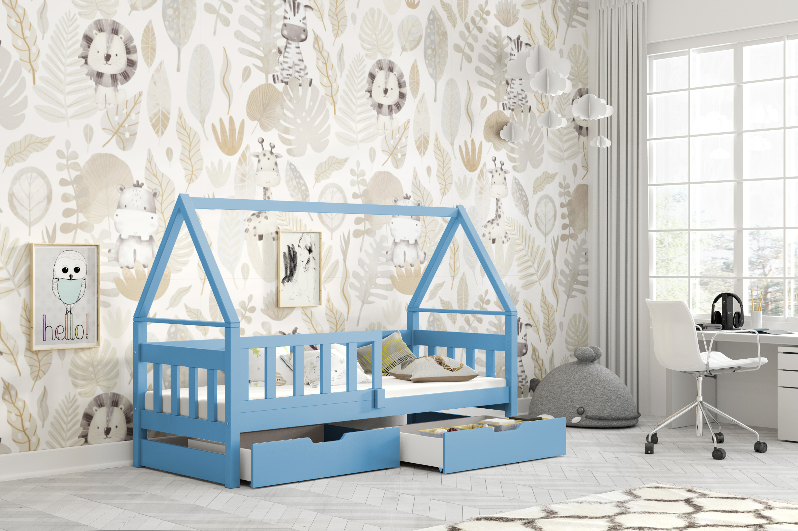 Dřevěná postel DOMEK 75x180 cm bez zábrany borovice masiv s úložným prostorem a s matrací