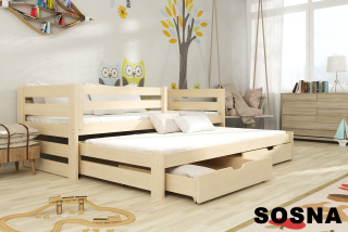 Postel Kubík s výsuvným lůžkem a úložným prostorem 90x190  cm borovice masiv 